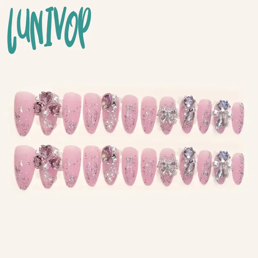 Lunivop 24Pcs/Set Long Oval False Nails 3D Heart Sparkling French Press On Pink Full Cover Fake