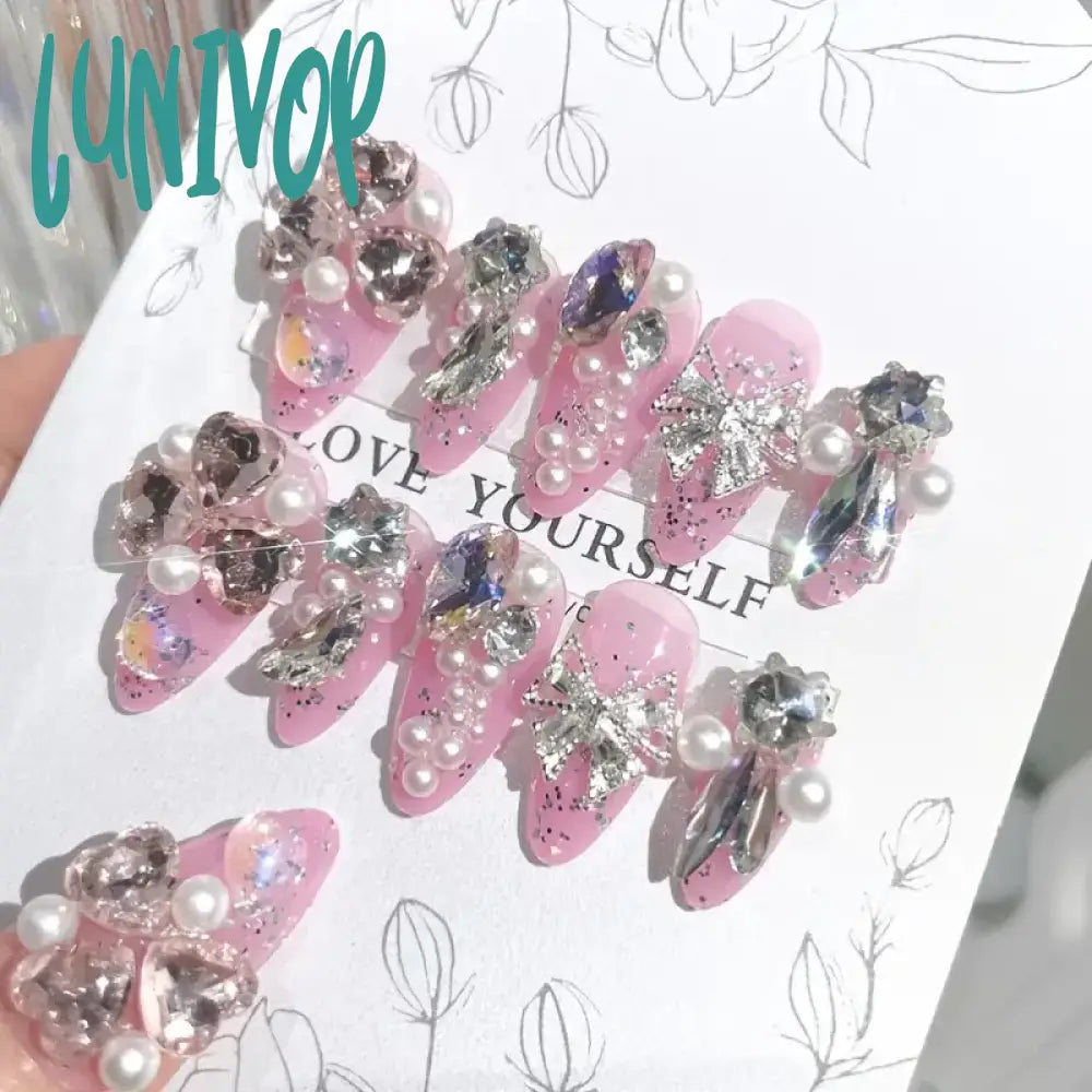 Lunivop 24Pcs/Set Long Oval False Nails 3D Heart Sparkling French Press On Pink Full Cover Fake