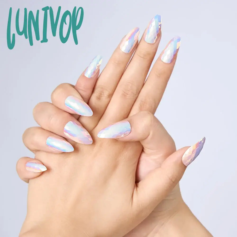 Lunivop 24Pcs Short Chameleon False Nails Electroplating Magic Mirror Almond Nail Tip Metal Plating