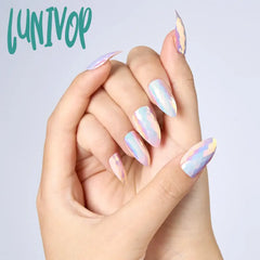 Lunivop 24Pcs Short Chameleon False Nails Electroplating Magic Mirror Almond Nail Tip Metal Plating