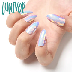 Lunivop 24Pcs Short Chameleon False Nails Electroplating Magic Mirror Almond Nail Tip Metal Plating