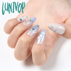 Lunivop 24Pcs Y2K Gradient Purple French Tip Press On Nail Medium Almond Fake Nails With Silver