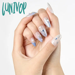 Lunivop 24Pcs Y2K Gradient Purple French Tip Press On Nail Medium Almond Fake Nails With Silver