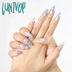 Lunivop 24Pcs Y2K Gradient Purple French Tip Press On Nail Medium Almond Fake Nails With Silver