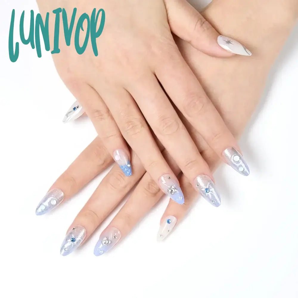 Lunivop 24Pcs Y2K Gradient Purple French Tip Press On Nail Medium Almond Fake Nails With Silver