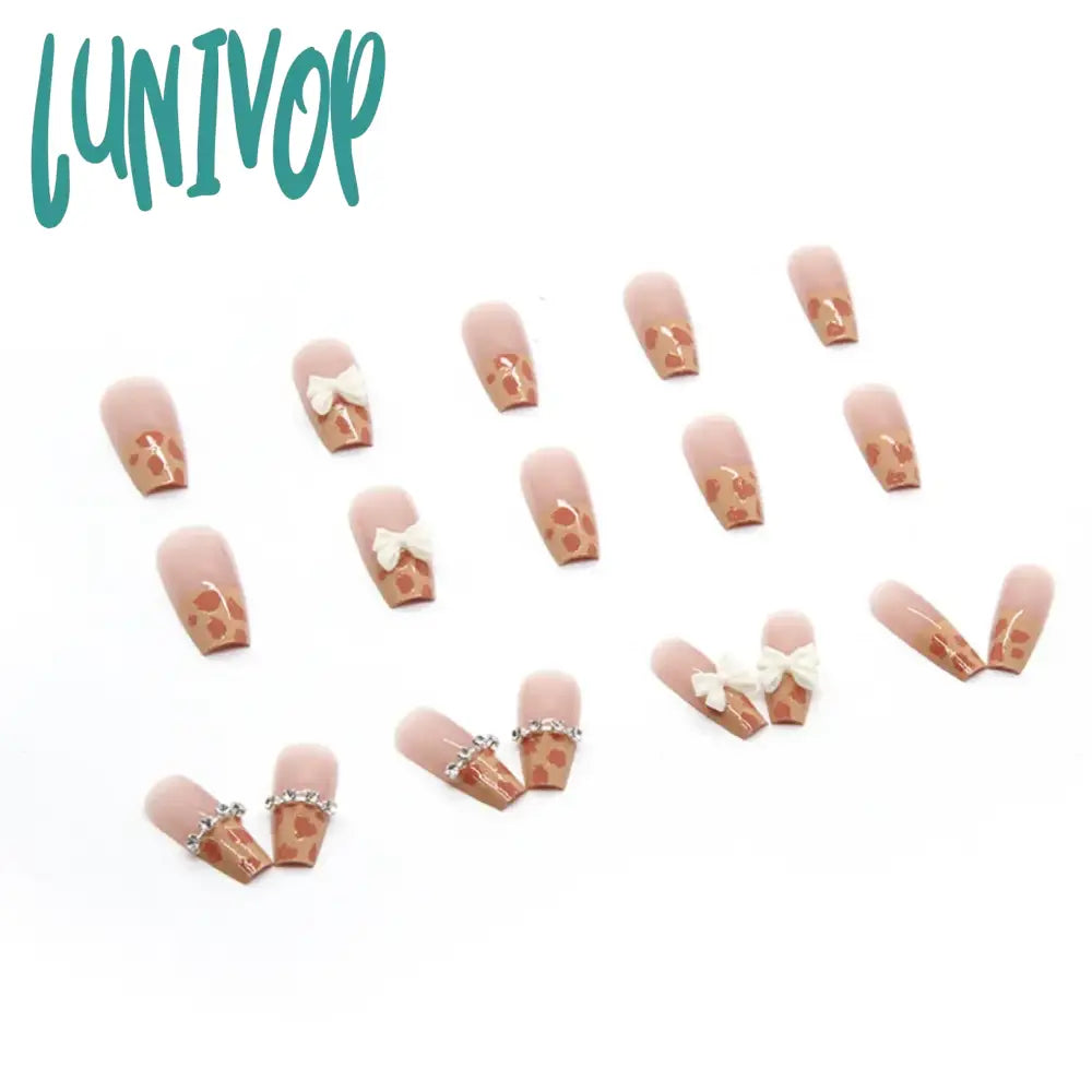 Lunivop 24Ps Semi French Bow Wearing Press On Nails Medium Length Ballet Fake Autumn Winter Toffee