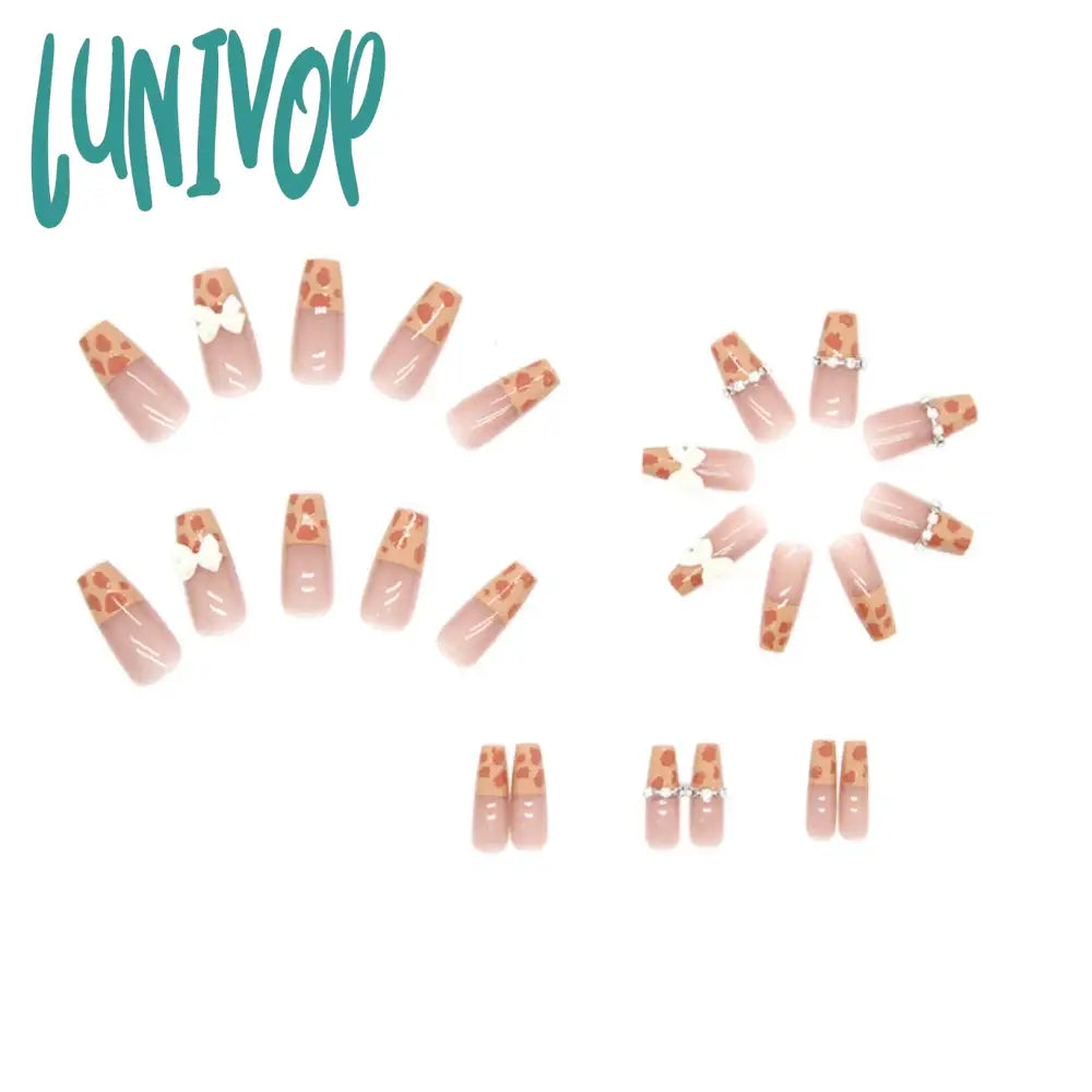 Lunivop 24Ps Semi French Bow Wearing Press On Nails Medium Length Ballet Fake Autumn Winter Toffee