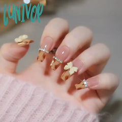 Lunivop 24Ps Semi French Bow Wearing Press On Nails Medium Length Ballet Fake Autumn Winter Toffee