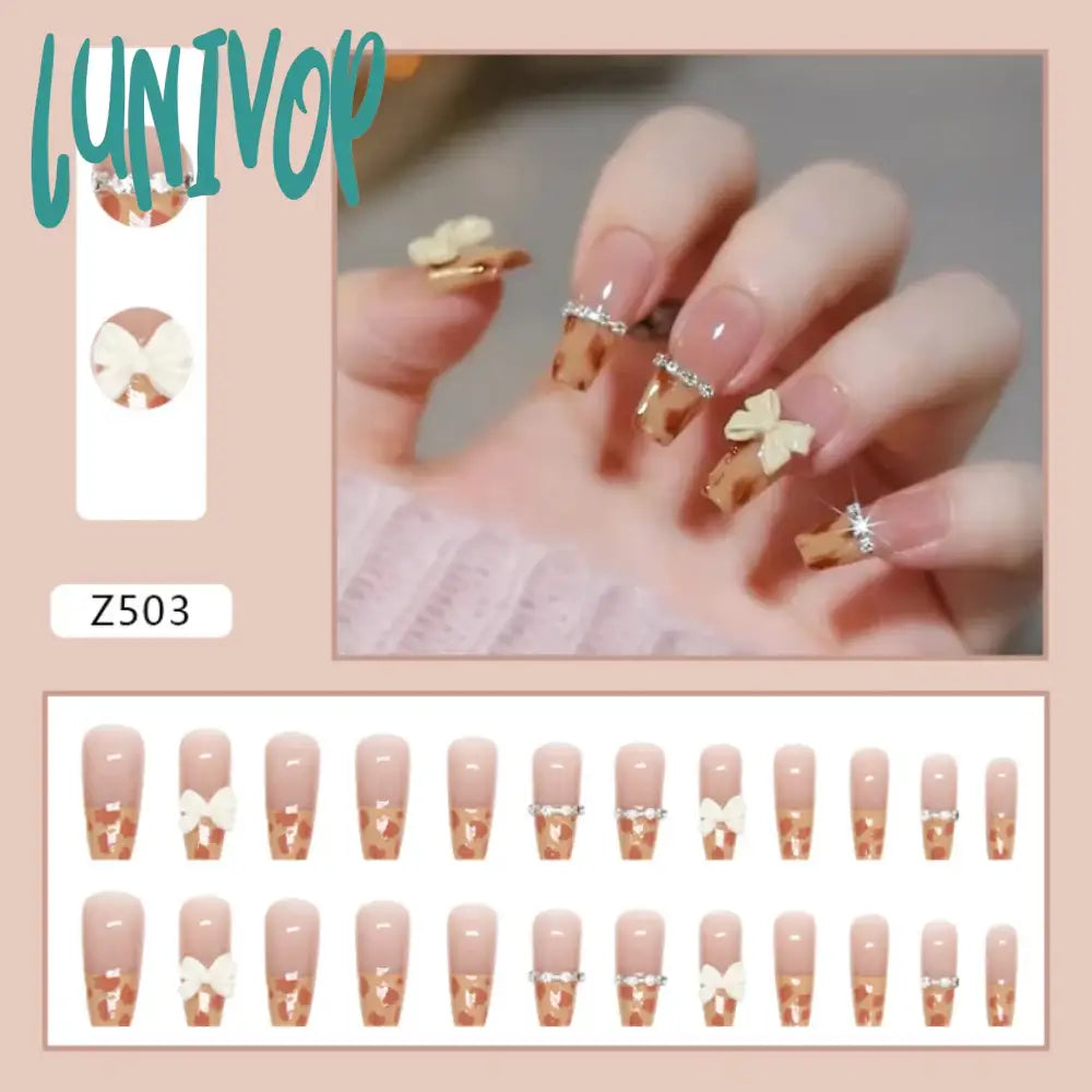 Lunivop 24Ps Semi French Bow Wearing Press On Nails Medium Length Ballet Fake Autumn Winter Toffee