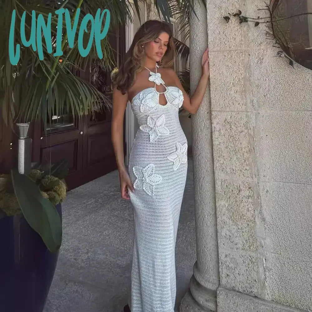 Lunivop 3D Flower Knitted Elegant Long Dress Women Summer Hollow Out Eyelet Beach Sundress Backless