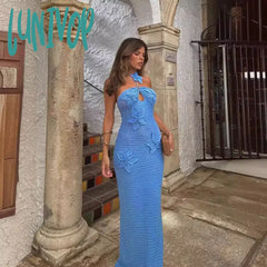 Lunivop 3D Flower Knitted Elegant Long Dress Women Summer Hollow Out Eyelet Beach Sundress Backless