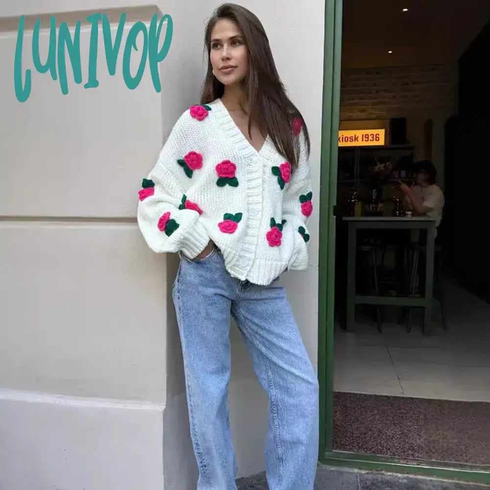 Lunivop 3D Rose Flower Knitted Cardigan Female Autumn Winter Hand-Knitted Sweater Jacket V Neck