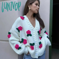 Lunivop 3D Rose Flower Knitted Cardigan Female Autumn Winter Hand-Knitted Sweater Jacket V Neck