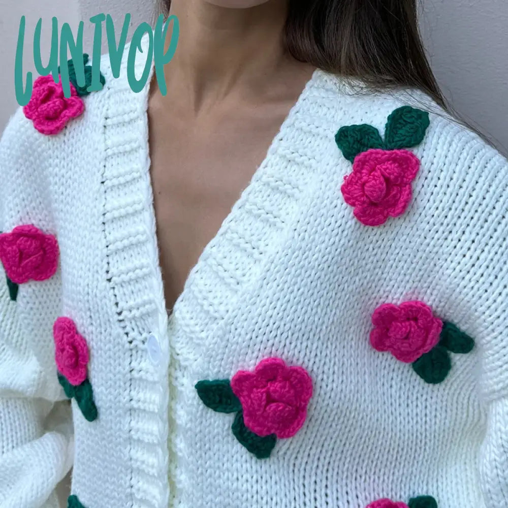 Lunivop 3D Rose Flower Knitted Cardigan Female Autumn Winter Hand-Knitted Sweater Jacket V Neck