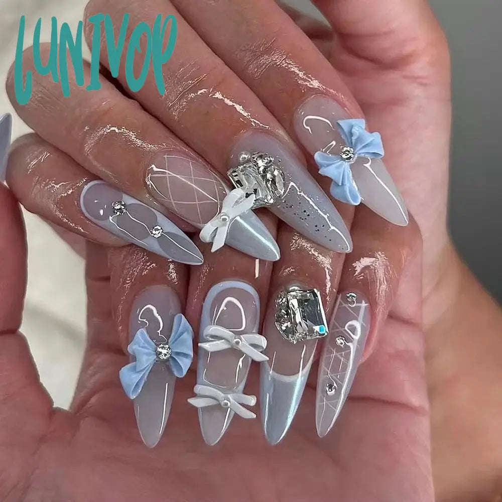 Lunivop 3D Silver Bowknot White French Almond Shape False Nails Pink Halo Dyeing Detachable
