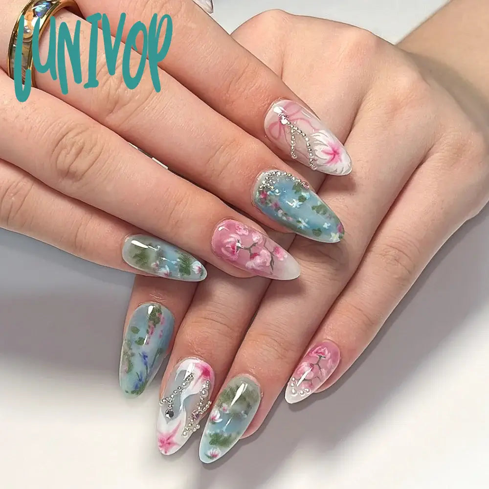 Lunivop 3D Silver Bowknot White French Almond Shape False Nails Pink Halo Dyeing Detachable