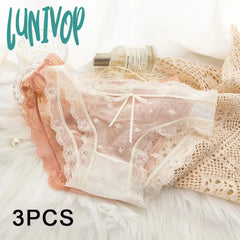 Lunivop 3Pcs Lace Mesh Young Girl Underwear Pure Cotton Crotch Women Panties With Bow Tie Mid-Rise