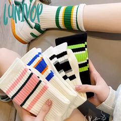 Lunivop 5Pairs Women Socks Autumn And Winter Striped Sports Couple White Breathable Comfortable Mid