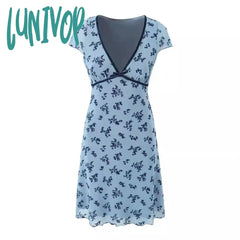 90s fashion 24 Style Women's New Summer Mesh Printed Slim High Waist Sheath V-neck Short Sleeve Dress Skirt