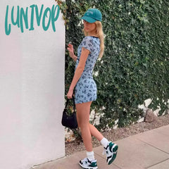 90s fashion 24 Style Women's New Summer Mesh Printed Slim High Waist Sheath V-neck Short Sleeve Dress Skirt