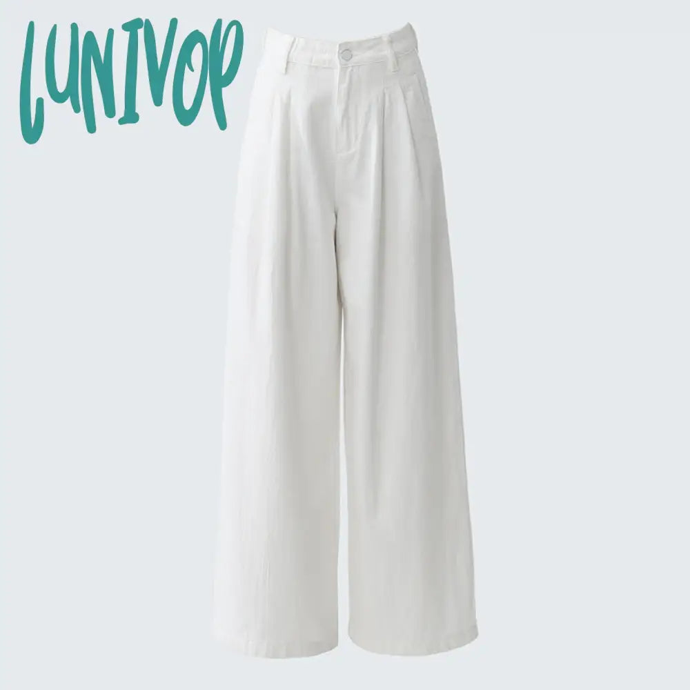 90s fashion men White Wide-Leg Jeans Women's Autumn High Waist Slimming Draping Pleated Loose Slimming Straight Mop Pants