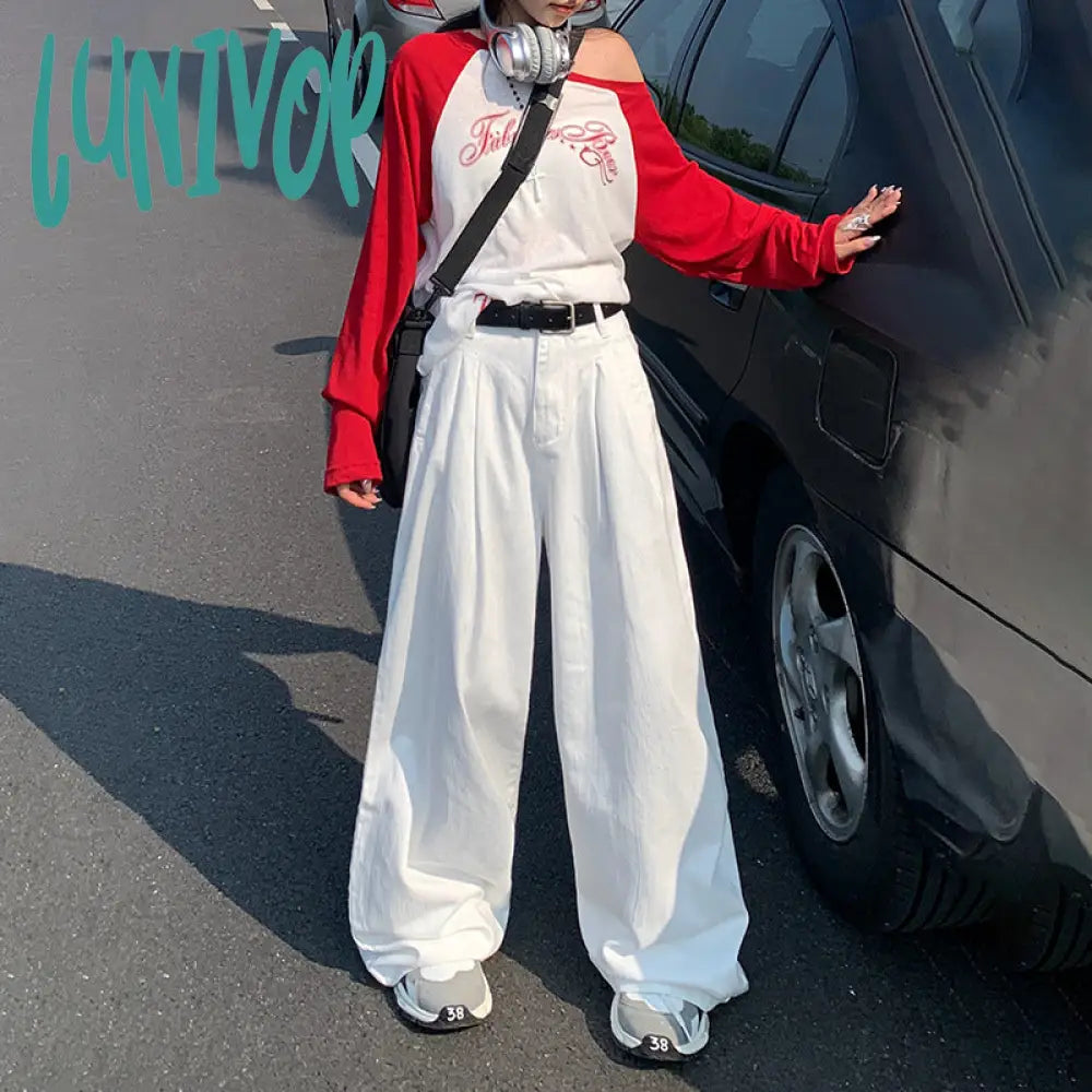 90s fashion men White Wide-Leg Jeans Women's Autumn High Waist Slimming Draping Pleated Loose Slimming Straight Mop Pants