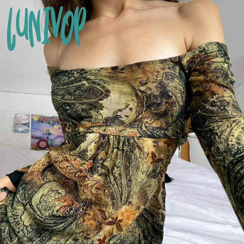 90s fashion Retro Abstract Oil Painting Printing Dress Women's 2024 Hot Girl Sexy Mesh Square Collar Flared Sleeve Skirt