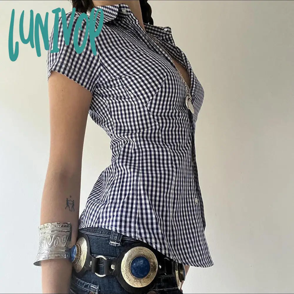 90s fashion Retro Casual Style Blue Plaid Short-Sleeved Shirt Women's Polo Collar Tight Waist Tight Single-Breasted Top