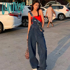 90s fashion Summer and Autumn New American Retro High Waist Denim Suspender Pants Women's Wide Leg Loose Casual Straight Slimming Mop Pants