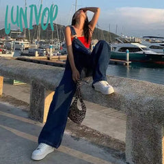 90s fashion Summer and Autumn New American Retro High Waist Denim Suspender Pants Women's Wide Leg Loose Casual Straight Slimming Mop Pants