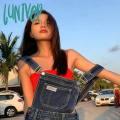 90s fashion Summer and Autumn New American Retro High Waist Denim Suspender Pants Women's Wide Leg Loose Casual Straight Slimming Mop Pants