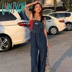 90s fashion Summer and Autumn New American Retro High Waist Denim Suspender Pants Women's Wide Leg Loose Casual Straight Slimming Mop Pants