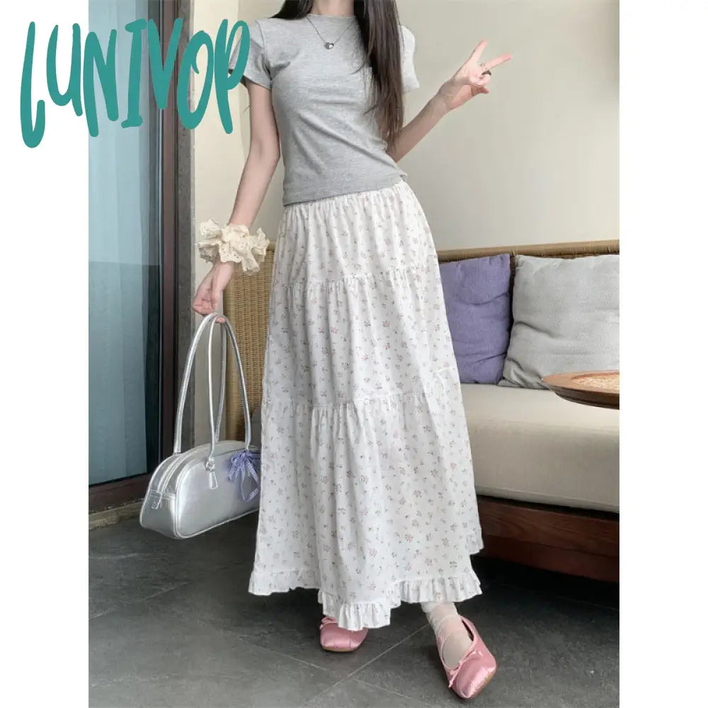 90s fashion Sweet Floral Wooden Ear Cake Skirt Women's Summer Skirt Slimming High Waist A- line Skirt Mid-Length Umbrella Skirt