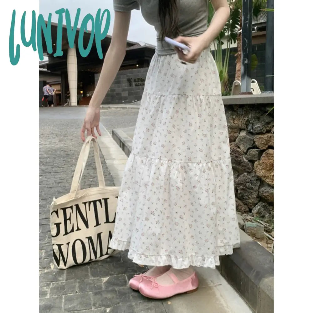 90s fashion Sweet Floral Wooden Ear Cake Skirt Women's Summer Skirt Slimming High Waist A- line Skirt Mid-Length Umbrella Skirt
