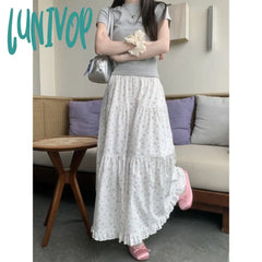 90s fashion Sweet Floral Wooden Ear Cake Skirt Women's Summer Skirt Slimming High Waist A- line Skirt Mid-Length Umbrella Skirt