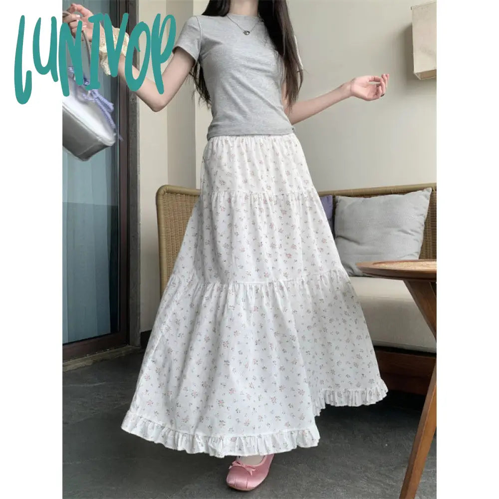 90s fashion Sweet Floral Wooden Ear Cake Skirt Women's Summer Skirt Slimming High Waist A- line Skirt Mid-Length Umbrella Skirt