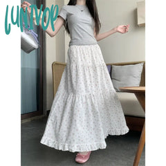 90s fashion Sweet Floral Wooden Ear Cake Skirt Women's Summer Skirt Slimming High Waist A- line Skirt Mid-Length Umbrella Skirt