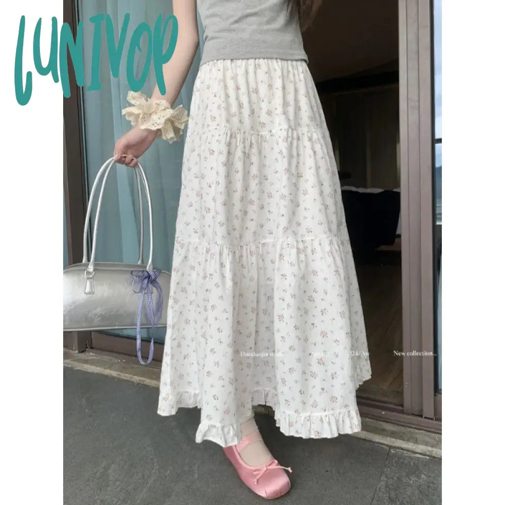 90s fashion Sweet Floral Wooden Ear Cake Skirt Women's Summer Skirt Slimming High Waist A- line Skirt Mid-Length Umbrella Skirt