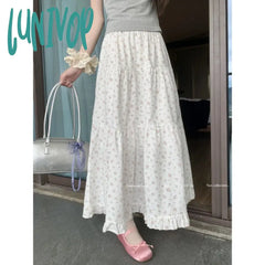 90s fashion Sweet Floral Wooden Ear Cake Skirt Women's Summer Skirt Slimming High Waist A- line Skirt Mid-Length Umbrella Skirt