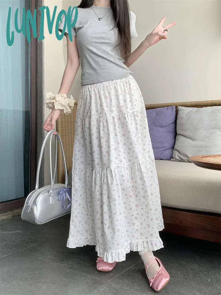 90s fashion Sweet Floral Wooden Ear Cake Skirt Women's Summer Skirt Slimming High Waist A- line Skirt Mid-Length Umbrella Skirt