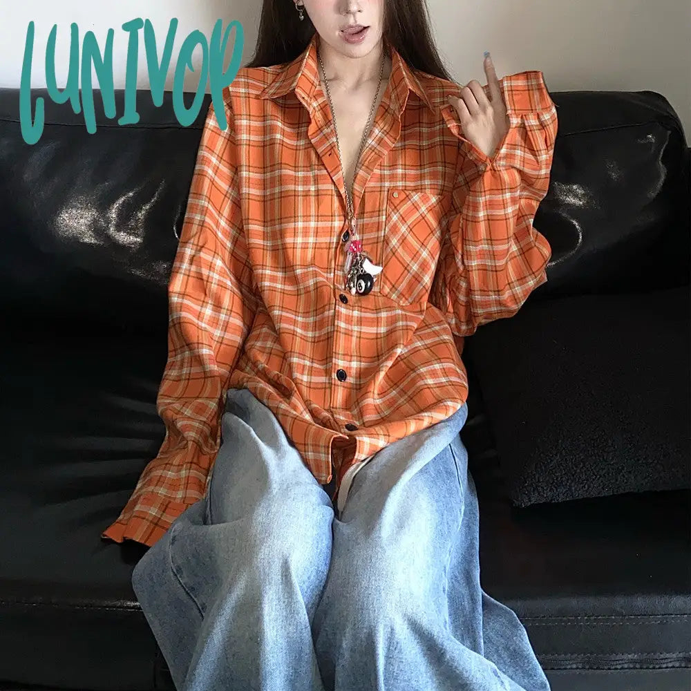 90s streetwear 2024 Autumn New American Retro White Orange Plaid Shirt Coat Men's and Women's Loose Shirt Fashion