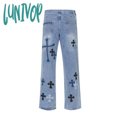 90s streetwear American High Street Original Patch Cross Embroidered Jeans Men's and Women's National Fashion All-Match Slim Slimming Long Pants Fashion