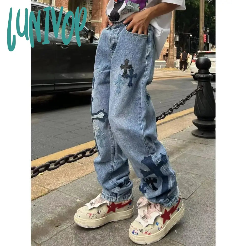90s streetwear American High Street Original Patch Cross Embroidered Jeans Men's and Women's National Fashion All-Match Slim Slimming Long Pants Fashion