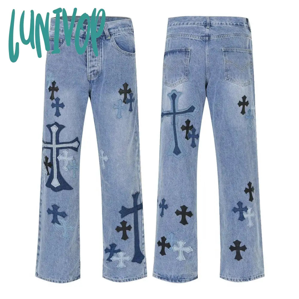 90s streetwear American High Street Original Patch Cross Embroidered Jeans Men's and Women's National Fashion All-Match Slim Slimming Long Pants Fashion