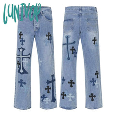 90s streetwear American High Street Original Patch Cross Embroidered Jeans Men's and Women's National Fashion All-Match Slim Slimming Long Pants Fashion
