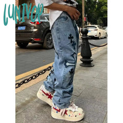 90s streetwear American High Street Original Patch Cross Embroidered Jeans Men's and Women's National Fashion All-Match Slim Slimming Long Pants Fashion