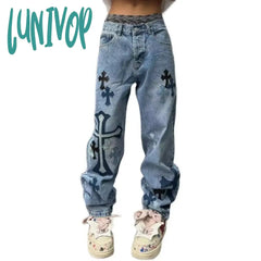 90s streetwear American High Street Original Patch Cross Embroidered Jeans Men's and Women's National Fashion All-Match Slim Slimming Long Pants Fashion