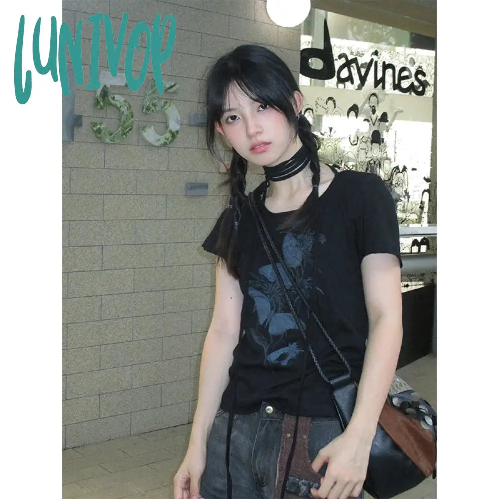 90s streetwear American Retro Short-Sleeved Women's Summer Butterfly Print Lace-up Slim-Fit Slimming T-shirt Sweet and Spicy Small Top Ins