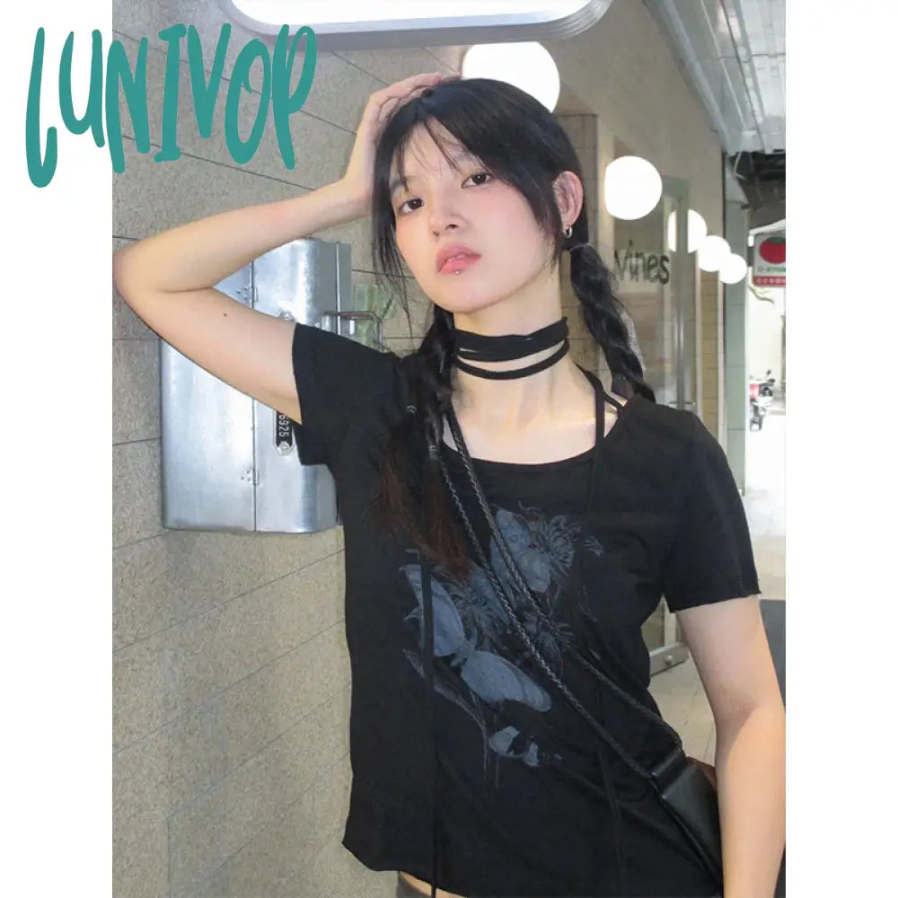 90s streetwear American Retro Short-Sleeved Women's Summer Butterfly Print Lace-up Slim-Fit Slimming T-shirt Sweet and Spicy Small Top Ins