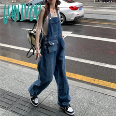 90s streetwear American Retro Suspender Jeans Women's Spring New Loose Slimming Straight Age-Reducing Wide Leg Ins Trousers